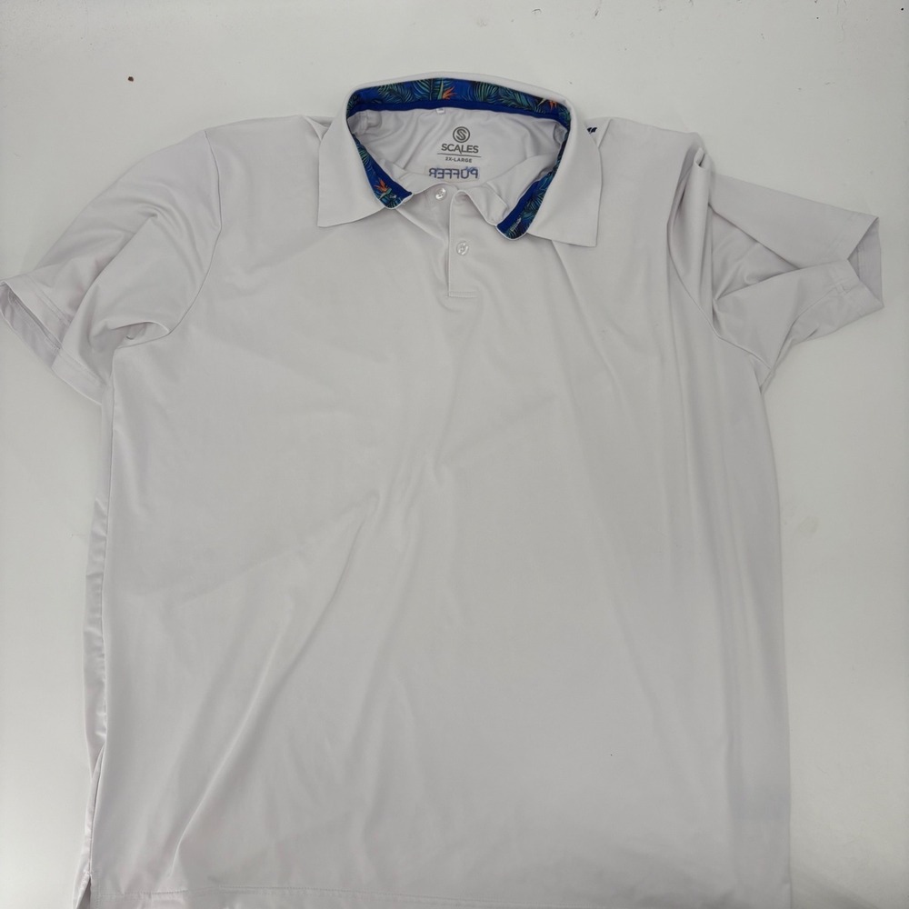 Scales Gear Puffer Performance Polo Shirt Mens 2XL White Tropical Collar Print